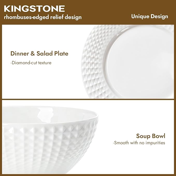 KINGSTONE Bone China Dinnerware Set, 24-Piece White Lightweight Porcelain for 8, Plates and Bowls with Rhombus patterned edge design, Microwave and Dishwasher Safe, for Family, Restaurant, Gifting