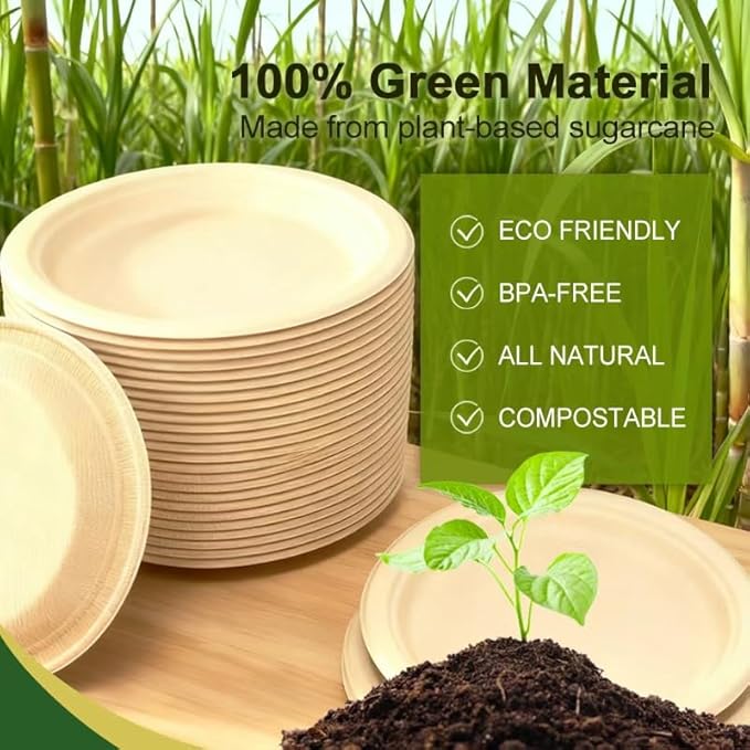 Disposable Plates, 10 Inch,100 pack, Natural Color, bagasse,sugarcane,Biodegradable Paper Material, Round Shape