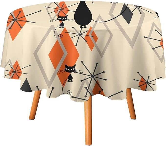Retro Boho Modern Black Cat Round Tablecloth, Mid Century Boho Moon Abstract Geometric Leaf 50s 60s Style Tablecloth for Home Party Dining Room Kitchen Decor 50Inch(127cm)