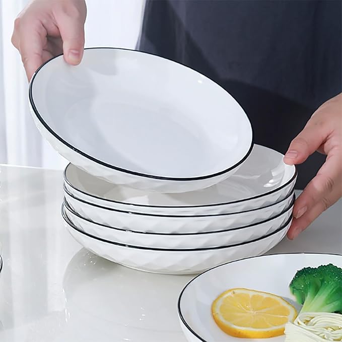 Ceramics Pasta Bowls, 6 Pack 8 inches 20 Oz Large Salad Serving Bowls, Shallow Salad Bowls,ceramics Deep Plates,Microwave Dishwasher Safe,White (rhombus)