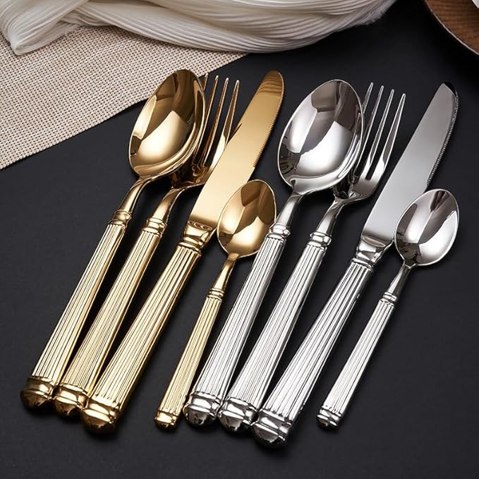 Gold Silverware Set for 8 Flatware Set 32 Pieces Luxury Tableware Set Roman Column Handle Knives and Forks spoons 18/10 Stainless Steel Cutlery Utensil Sets for Home Restaurant Dishwasher Safe