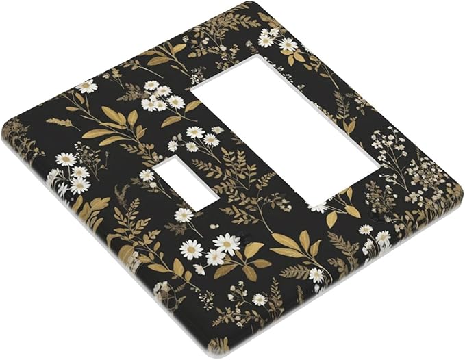 Light Switch Cover Black/Gold Boho Botanical Floral Rustic Flowers 2 Gang Toggle Rocker Combo Socket Cover Wall Plates Decorative Switch Plates and Outlet Covers for Bathroom Kitchen Decor