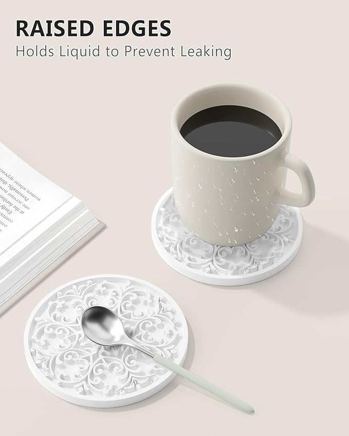 Drink Coasters, Coasters Set of 6 for Cup with Holder, Non-Slip Silicone Cup Mats for Hot and Cold Drinks, Cute Absorbent Coffee Bar Accessories Table Decor, White