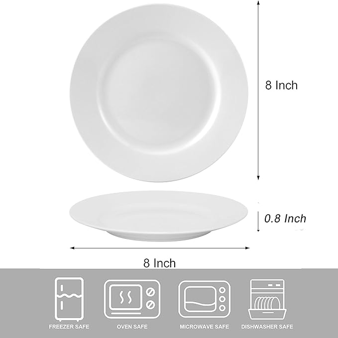 bestone 8 Inch Porcelain White Salad Plates Set, Porcelain Dessert/Salad Plate，Classic Round with Wide Rim, Lead-Free,Dishwasher, Microwave, Freezer, Oven Safe, for Everyday Use-Set of 6