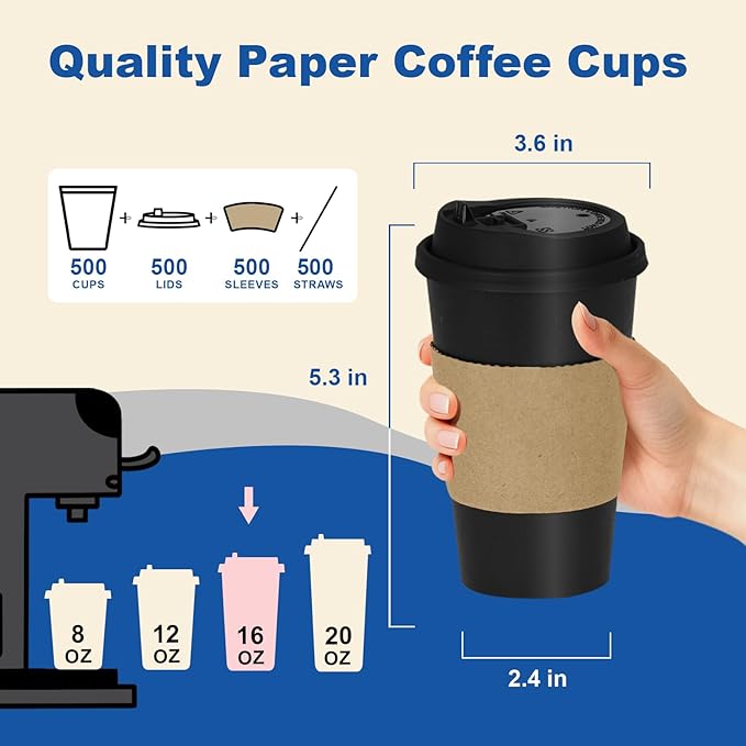 16 oz 500 Pack Coffee Cups with Lids and Sleeves, Straws, Hot Disposable To Go Travel Paper Cups Bulk for Office, Home Coffee Bar Accessories, Chocolate, Cocoa, Beverage (Black)