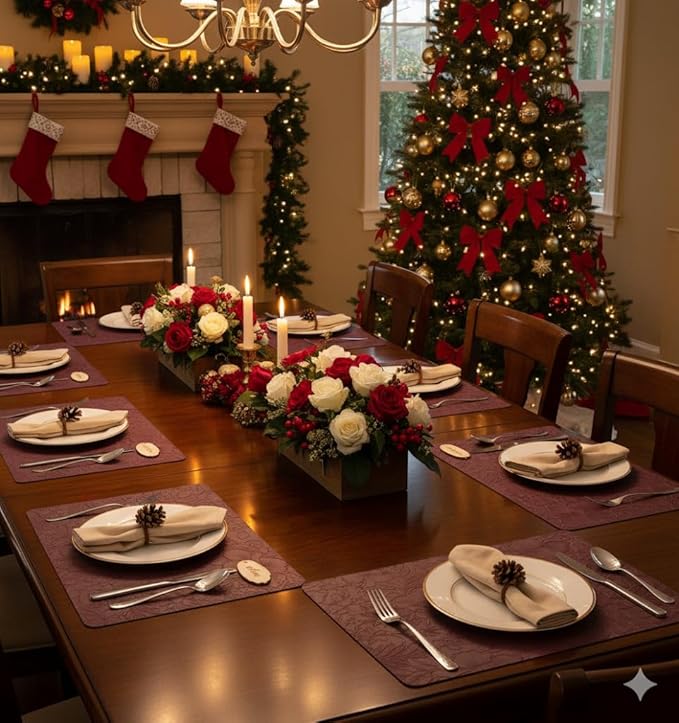 SolaraDawn Faux Leather Placemats Set of 4 Dark Burgundy for Christmas & Valentine's Day, 17" × 12" Waterproof & Heat-Resistant Dining Place Mats, Easy Wash Clean, Wipeable & Anti-Slip Table Mats