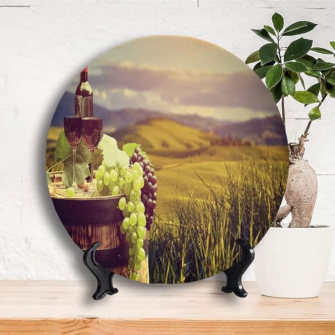 Decorative Plates, Wine Print Ornament, Italy Tuscany Landscape Rural Vineyard, 8 Inch, 1 Plate with 1 Display Stand, Green Black Brown