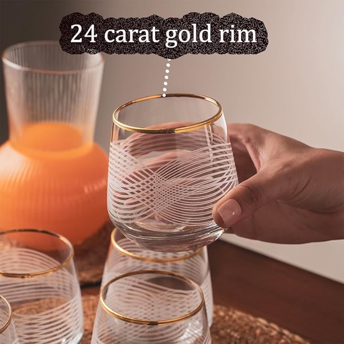 Gold Rim Cocktail Wine Whiskey Drinking Glasses Set of 6 Glassware Rimmed Trim Crystal Cups Juice Water Drinkware Drinks Bar Fancy Party Wedding (Gold3)
