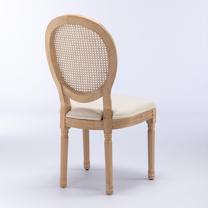 Ball & Cast French Vintage Upholstered Dining Chairs Set of 2, Antique Painting Wooden Kitchen Side-Chairs with Rattan Back & Carved Solid Wood Frame, 2-Piece Curved Backrest Louis Chair, Beige