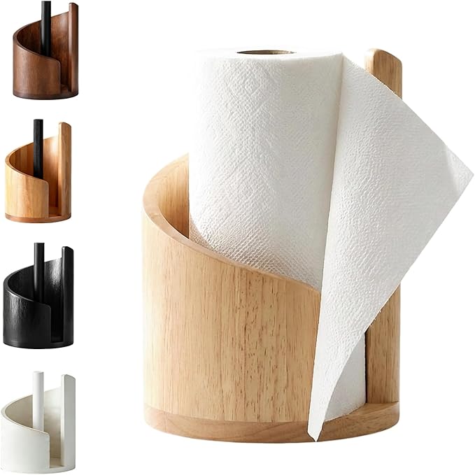 Mountain Paper Towel Holder Countertop, 2026 Upgrade 100% Natural Mango Wood Round Base and Iron Holder, Wooden Paper Towel Holder for Kitchen Roll Organize Dining Table Home Decor (Wood)
