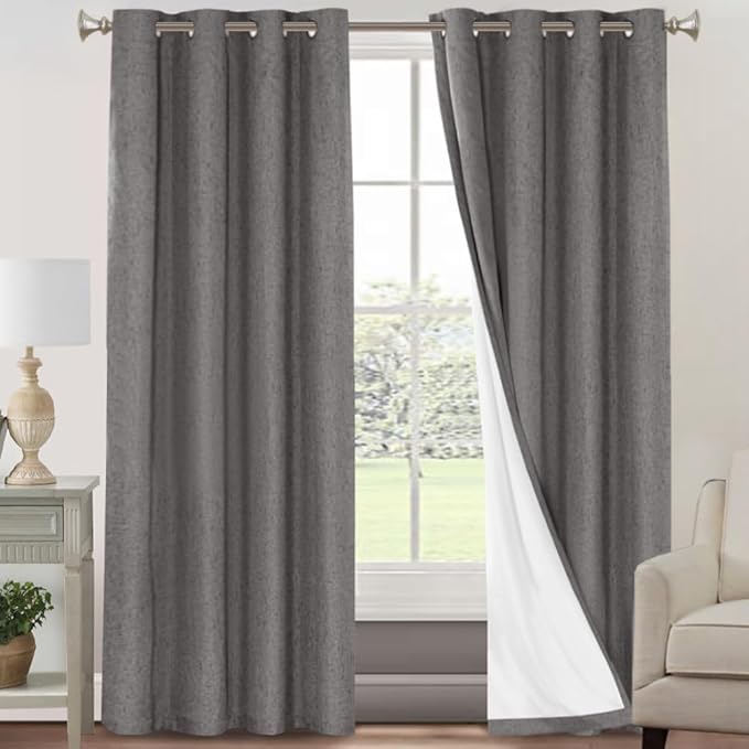 PrinceDeco Blackout Curtains 90" Long 2 Panels Set 100% Blackout Curtains for Bedroom Grommet Top Thermal Insulated with White Liners Flax Textured Full Blackout Window Draperies,W52 X L90, Grey