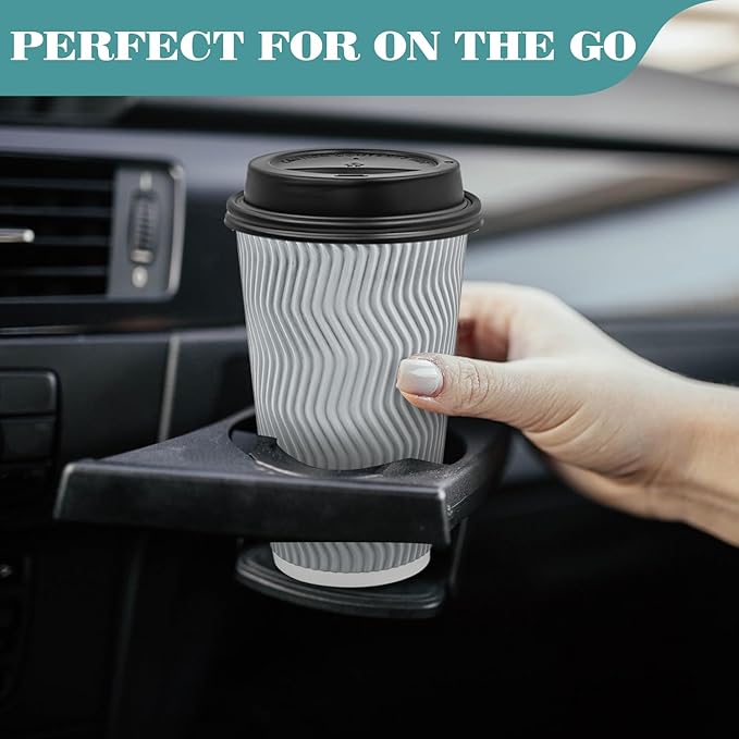 Ginkgo 100 Pack To Go Paper Coffee Cups With Lids, 16 oz Disposable Double-Walled Ripple Insulated Hot Cups for Hot Drinks, Lattes, Travel Cups, Large, Gray