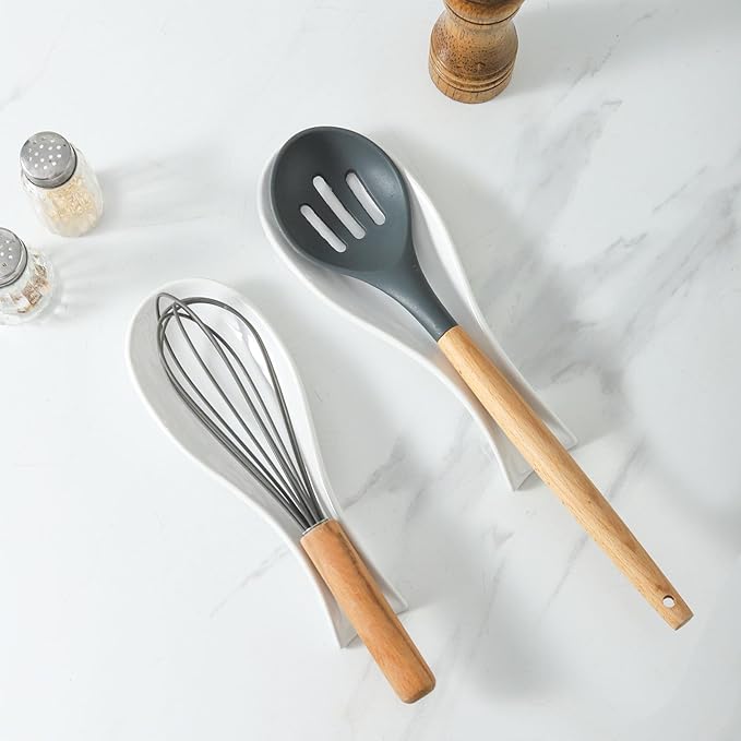 Ceramic Spoon Rest for Stove Top,Large 8.7 Inch Spoon Holder for Kitchen Counter,Porcelain Utensil Rest for Thankgiving and Christmas Gift,Dishwasher Safe and Heat-Resistant,White(2 PC)