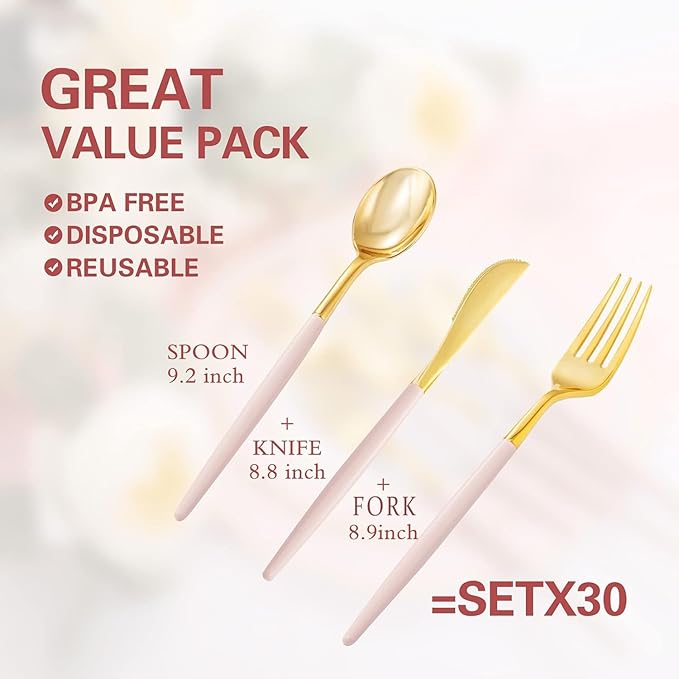 Rubtlamp 90Pcs Gold Plastic Silverware, Valentine's Day Utensils Set With Pink Handles Include 30 Gold Knives, 60Plastic Forks and Spoons, Pink Silverware Heavy Duty For Mother's Day