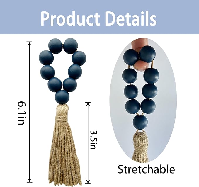Napkin Rings Set of 12,Wooden Napkin Rings,Wood Bead Elastic Farmhouse Napkin Ring with Tassel,Boho Napkin Holder for Table Decor,Weeding,Dinner,Party(Navy Blue)