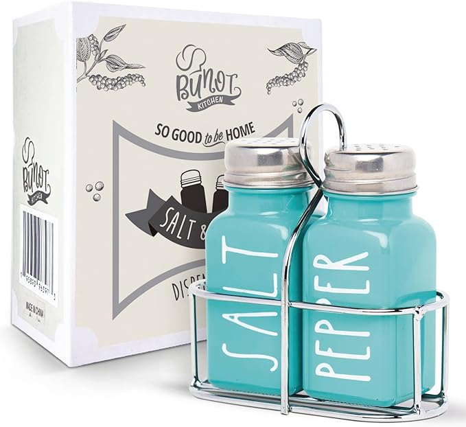 Turquoise Salt and Pepper Shakers Set, a cute teal premium glass shakers with holder and stainless steel lids, perfect for adding a modern kitchen decor charm, great as a gift.
