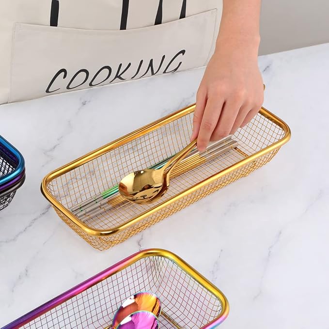 Kitchen Drawer Organizer, Stainless Steel Storage Container Metal Cabinet Storage Basket for Holding Silverware Kitchen Utensil, Pack of 2
