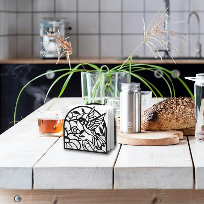 Hummingbird Decorative Black Metal Napkin Holder for Table, 4.9" x 4.9" x 2" Bird Flower Standing Napkin Holder for Home Kitchen Restaurant Picnic Party Coffee Bar Dining Room