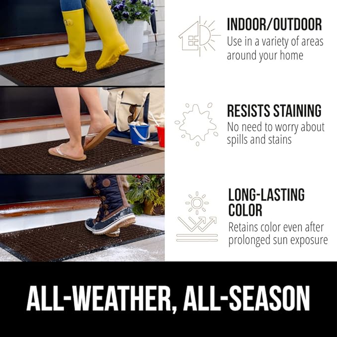 GORILLA GRIP 100% Waterproof All-Season WeatherMax Doormat US Designed Natural Rubber, Stain and Fade Resistant, Low Profile Indoor Outdoor Door Mats, Easy Clean Patio Mat, 17x29, Coffee Square