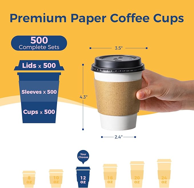 Fit Meal Prep 500 Pack 12 oz Disposable Coffee Cups with Lids, Sleeves, Leak-Proof To Go Coffee Cups with Lids, Durable Paper Cups for Hot Beverage, Home, Office, Party