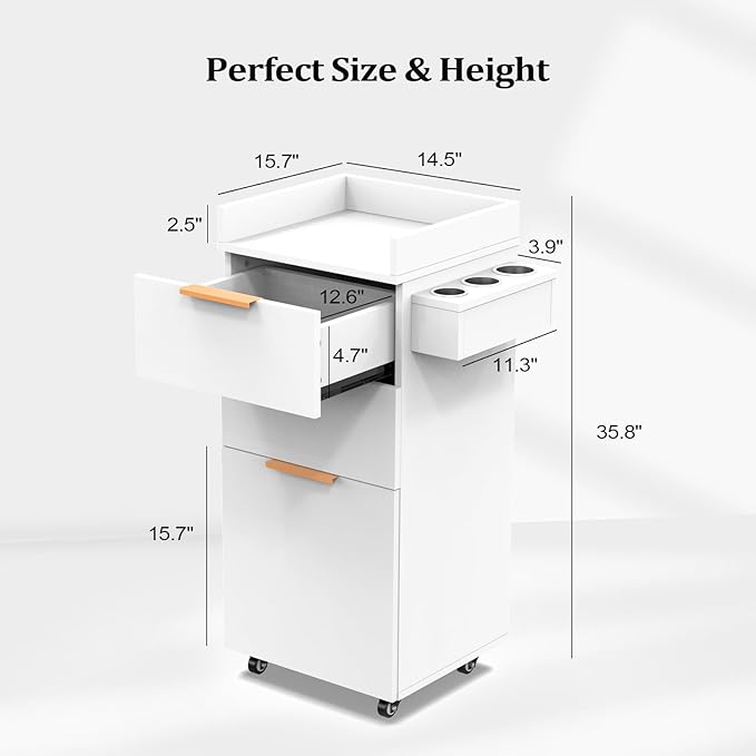 OmySalon Salon Cart with Wheels, 3-Tier Rolling Hair Styling Station, 2 Drawers & Adjustable Shelf, Hair Dryer Holder, Mobile Organizer for Salon, Barber, Spa, Nail & Beauty Tools, White