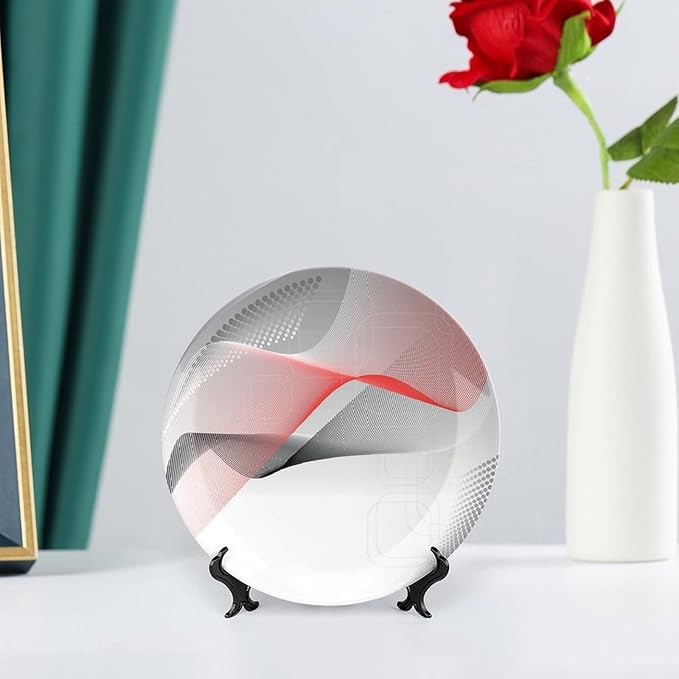 Ceramic Plates, Abstract Decorative Ceramic Plates, Modern Geometric Squares Dots Curves Waves, 7 Inch, Household Plates Decorative, Red Grey Black