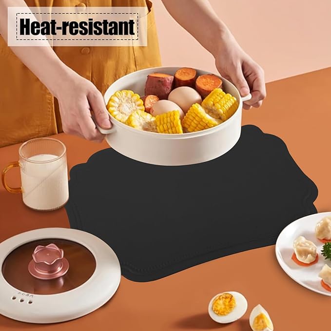 Black Faux Leather Placemats Set of 6,Waterproof PU Placemat for Dining Table,Wipeable Eco-Friendly Kitchen Table Mats Heat Resistant Anti Slip Washable,Modern Table Protectors