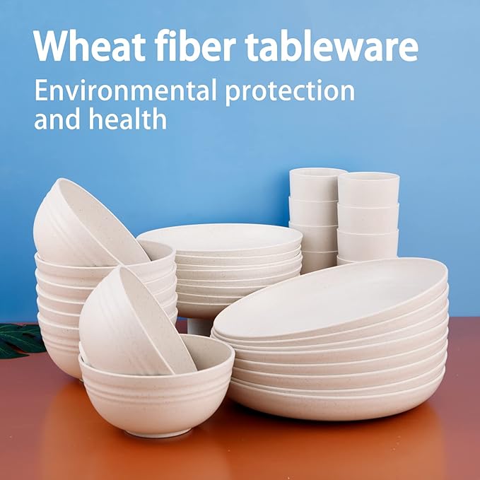 Supernal Wheat Straw Dinnerware Sets,Dish Sets for 8,Plates and Bowls Set Dishwasher Safe,Unbreakable Dinnerware,Reusable Plastic Plates,Beige Color 16pcs Plates, 8pcs Bowls, 8pcs Cups.