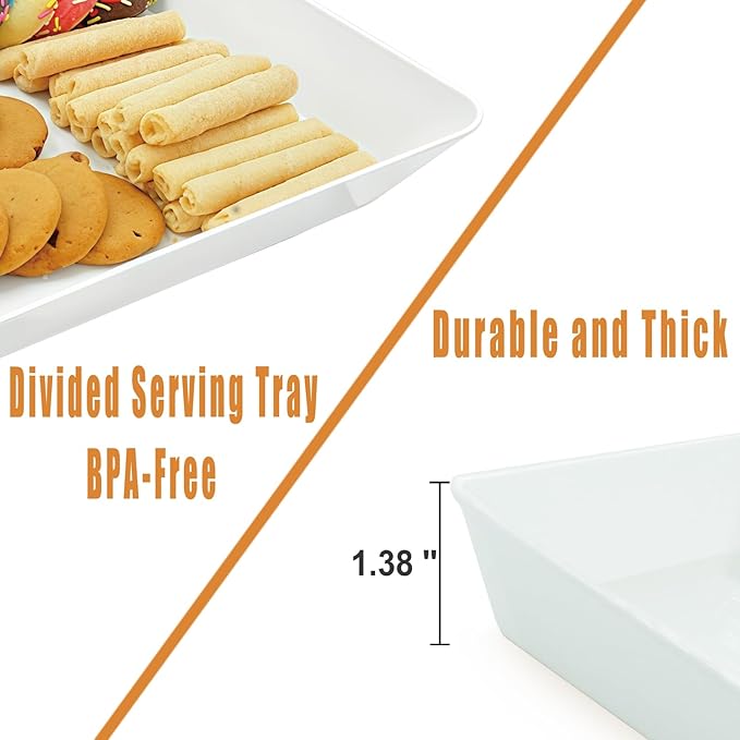 Serving Tray Platter, 2 Pcs Food Tray for Veggie Fruit Snack Dessert Cookie Cheese, Food Trays for Party Supplies Display, Plastic Platters for Serving Food, Large White Trays, BPA Free