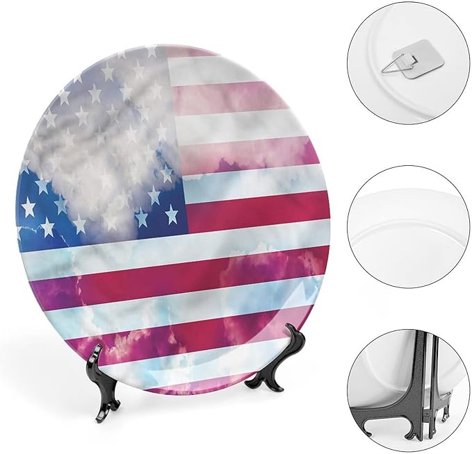 Decorative Plates, American Flag Print Ornament, Flag Clouds Memorial, 8 Inch, Kitchen Wall Decor, Multicolor