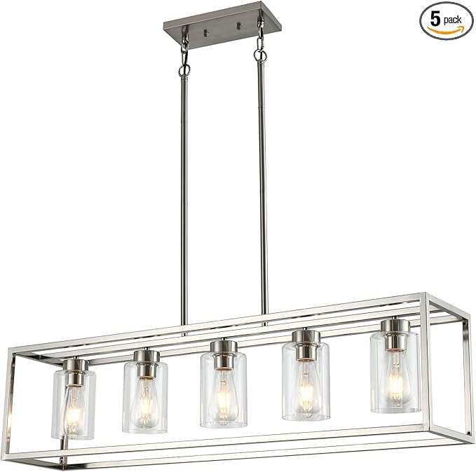 XILICON Dining Room Lighting Fixture Hanging Farmhouse Brushed Nickel 5 Light Modern Pendant Lighting Contemporary Chandeliers with Glass Shade for Living Dining Room Bedroom Kitchen Island