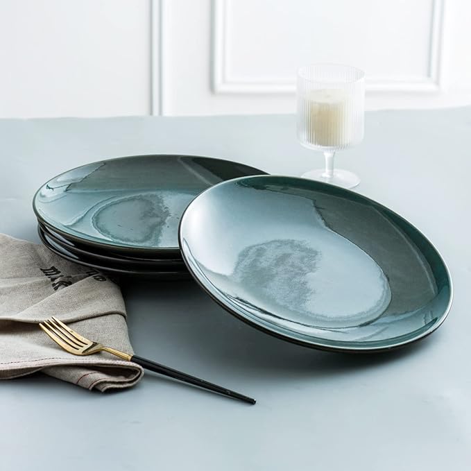UNICASA Ceramic 10.25 Inch Dinner Plates Set, Porcelain Pasta Plate Set of 4, Reactive Glaze Serving Dishes for Steak, Salad, Pizza, Dishwasher & Microwave Safe (Teal)