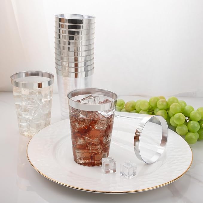 I00000 100 Pack 12 oz Silver Plastic Cups, Silver Rimmed Disposable Cups, Party Wine Glasses Cocktail Glasses Premium Cups with Silver Rim, 12 Ounce Plastic Tumblers For Party