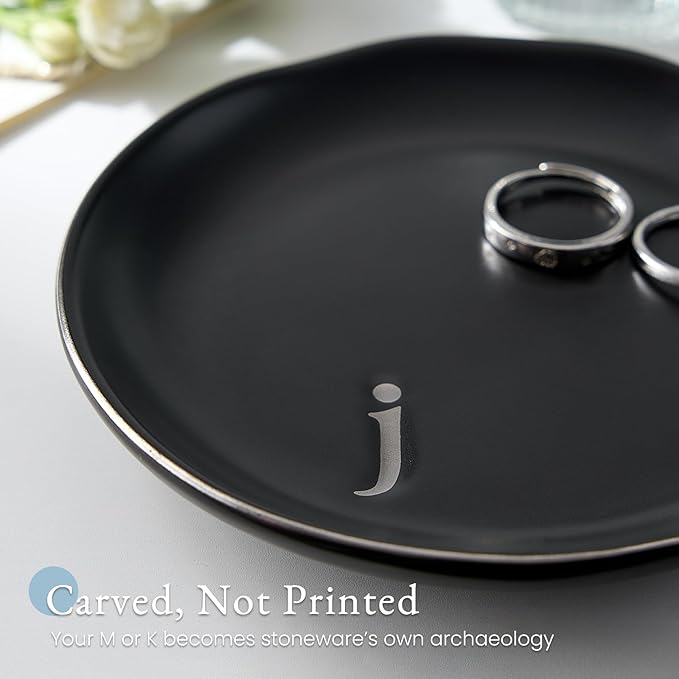Lolalet Handmade Ceramic Ring Dish Jewelry Tray Plate with Initial, Small Monogram Gift for Her Women Girls Mother, Hostess, Engagement, Bridal Shower, Maid of Honor, Bridesmaid, Birthday, Christmas