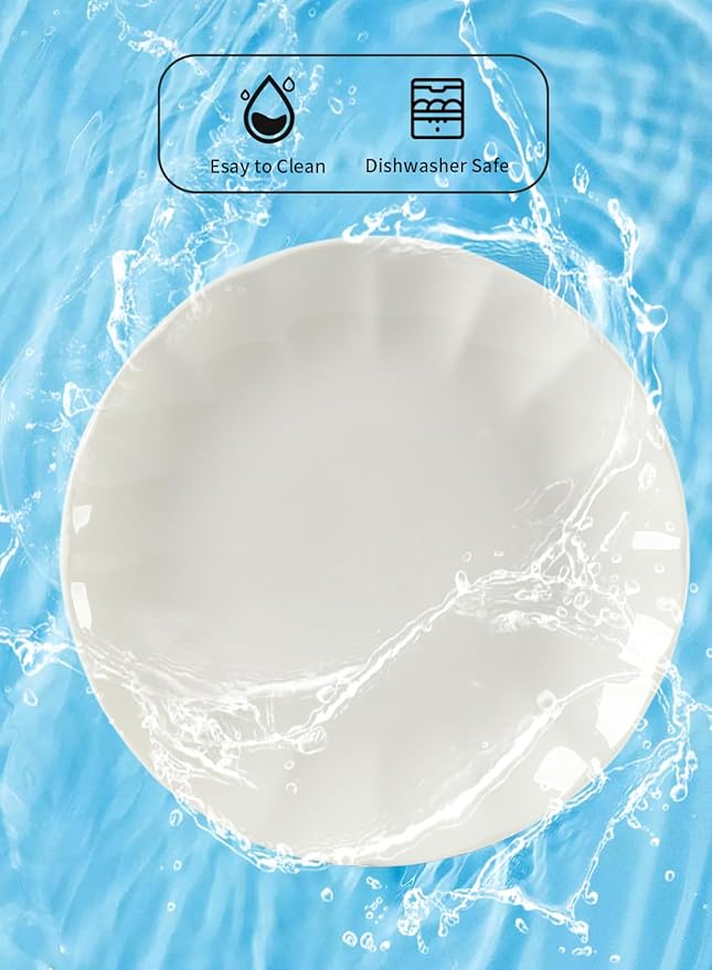 TAMAYKIM 10.5 Inch Porcelain White Dinner Plates Set of 8, Shallow Coupe Round Plates with Petal Edge for Pasta Salad, Steak Serving Dinnerware - Scratch Resistant, Microwave, Oven & Dishwasher Safe