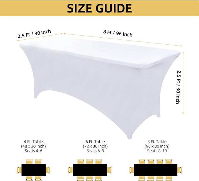 10-Pack 8ft White Spandex Table Covers for Rectangle Folding Tables - Washable Elastic Tablecloth - Ultimate Fitted Table Protector for Parties, Trade Shows, Banquet, and Wedding