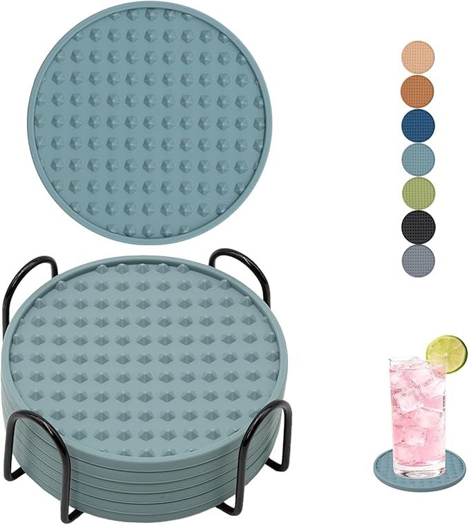 Set of 6 Silicone Coasters, 4'' Drink Coaster with Holder, Round Coasters for Drinks Beer Coffee Home Office Bar Desk Tabletop Protection, Non-Slip Rubber Coaster (Blue, 6 Pcs-Metal Holder)