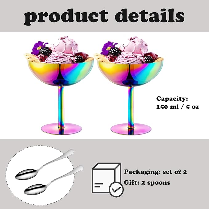 Ice Cream Bowls Stainless Steel Dessert Cups with Spoons Reusable Footed Sundae Cups Ice Cream Cups for Dessert, Frozen Yogurt, Gelato, Birthday Party Decorations (2, Colorful)