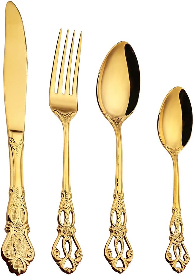 Gold Silverware Set for 8 Stainless Steel Flatware Set Palace Style Hollow Relief Decoration 32 Piece Cutlery Utensils Include Knives Forks and Spoons Tableware Set for Home Kitchen Restaurant Party