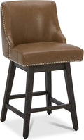 CHITA Counter Height Swivel Bar Stools, FSC Certified Upholstered Counter Stools, Modern Swivel Barstools with Wood Legs for Kitchen Island, 26" Seat Height, Faux Leather in Saddle Brown