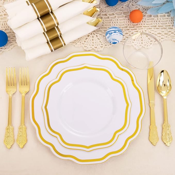 YOUBET 350 PCS White and Gold Plastic Plates - Disposable Plates for 50 Guests Tableware Includes 150 Gold Plastic Silverware, 50 Cups, 50 Napkins, for Wedding Party & Thanksgiving
