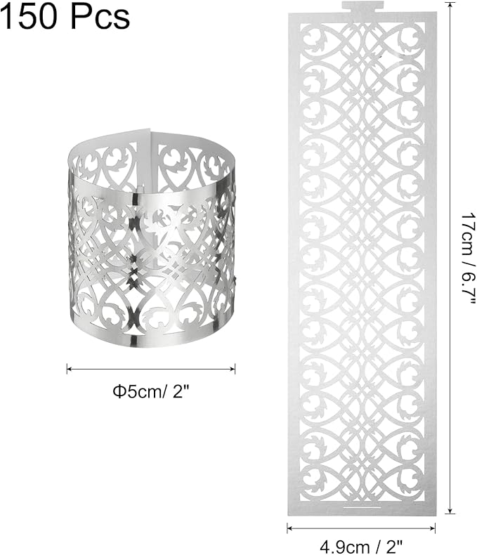 uxcell 150Pcs Napkin Rings Laser Cut Foil Paper, Napkin Holder Hollow Napkin Bands for Weddings Party Serviette Table Decoration Restaurant (Reflective Silver Tone, 6.7 x 2)