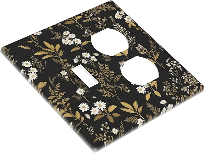 Light Switch Cover Plate Black/Gold Boho Botanical Floral Rustic Flowers 2 Gang Decorative Switch Plates 1 Toggle Duplex Combo Outlet Covers GFCI Wall Plates for Bathroom Kitchen Decor