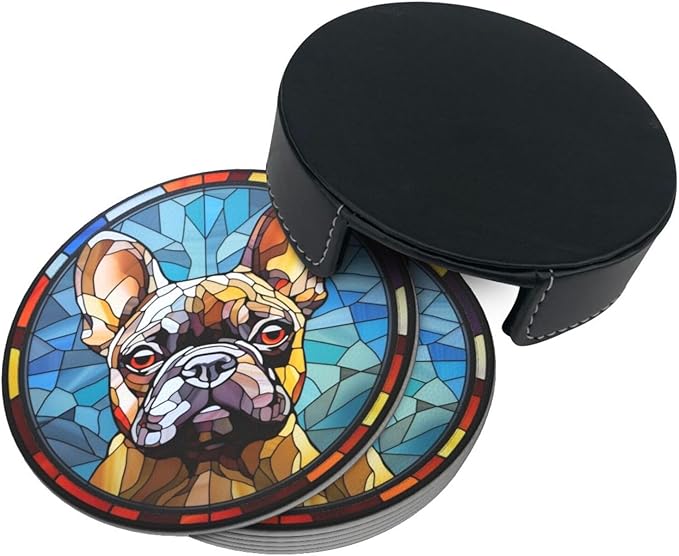 Drink Coaster Set of 6, French Bulldog Dog Mom Lover Gift,Leather Drink Coasters with Holder,6 Pack Cup/Bar/Drink Coasters for Table/Drinks/Coffee Protection Housewarming Gift