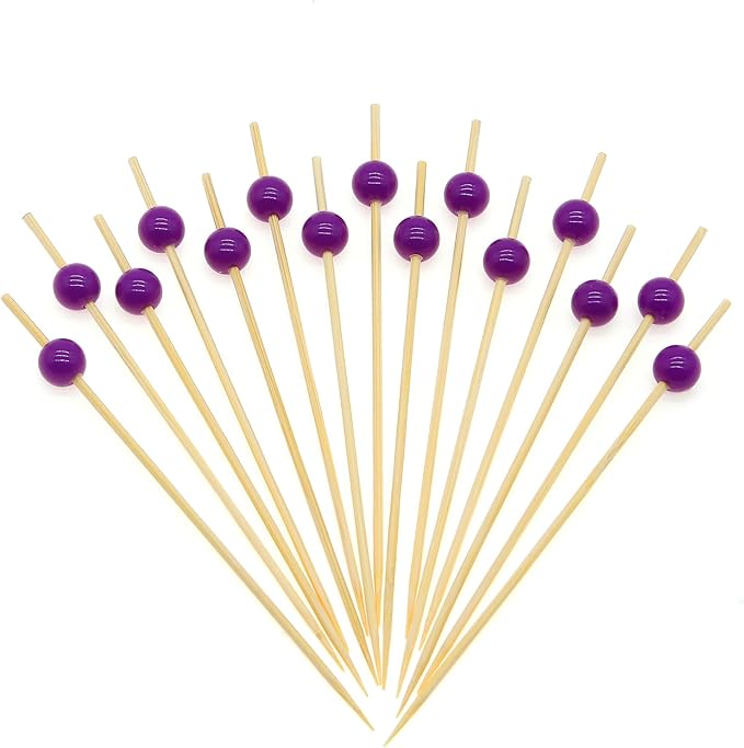 Minisland Purple Pearl Cocktail Picks, 4.7 Inch Long Bamboo Fancy Toothpicks for Appetizers, Decorative Bridal Wedding Holiday Party Food Drink Garnish Fruit Kabob Skewer Sticks 100 Counts - MSL454
