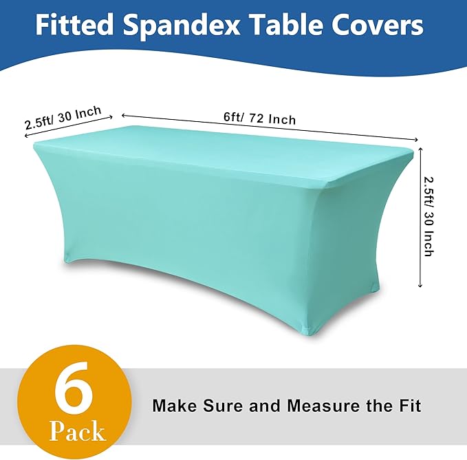 Fitted Stretch Table Cover for 6 foot Rectangle Tables-6 Pack Aqua Blue Spandex Tablecloth-Elastic Folding Tablecloths for Party, Vendor Booth Display, Banquet Buffet Event, Craft Trade Show