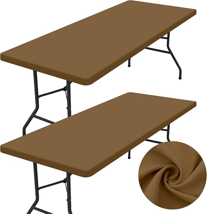 homing 2 Pack Rectangle Table Cloth, Elastic Fitted Fabric Tablecloth Fits for 6 Foot Folding Tables, Washable Table Cover for Picnic, Camping, Indoor & Outdoor (Brown, 30" x 72")