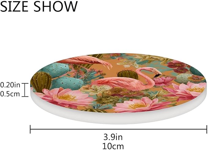 Coasters for Drinks Coaster Drink Set Decorative Coffee Table Desk Cup Mat Spring Cute Cork Bar Backing Round Home Decor Orange Flamingos and Green Cactus Flowers23