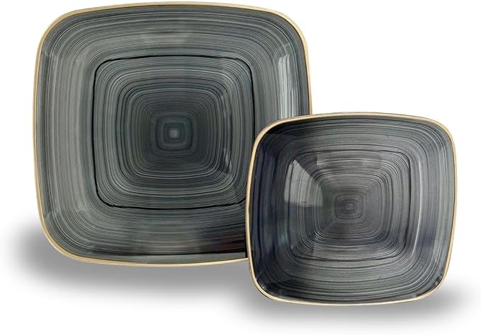 " OCCASIONS " 240 Pieces Pack,(120 Guests) Premium Wedding Party Disposable Plastic Plates Set -120 x 10'' Dinner + 120 x 7'' Salad/Dessert (Belize Square in Black & Gold)