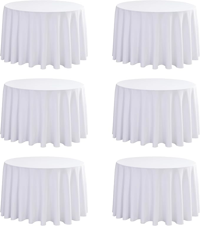 6-Pack Round 108-inch White Table Cloths, Solid Stain and Wrinkle Resistant Circular Tablecloth, Premium Plain Weave Polyester Fabric Table Linen Covers for Hotel, Banquet